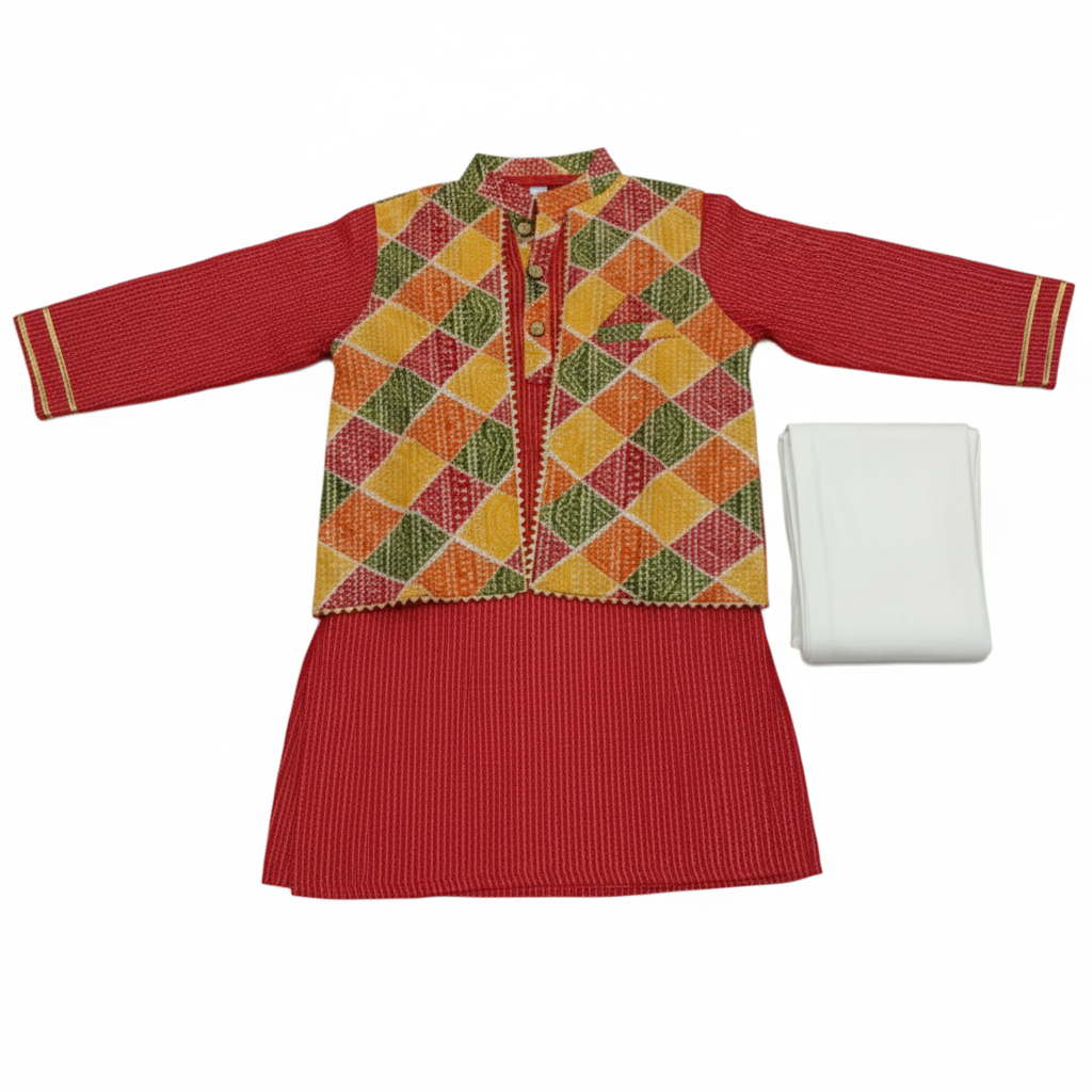 Red Diamond Kurta-Pajama-Jacket Set For Boys