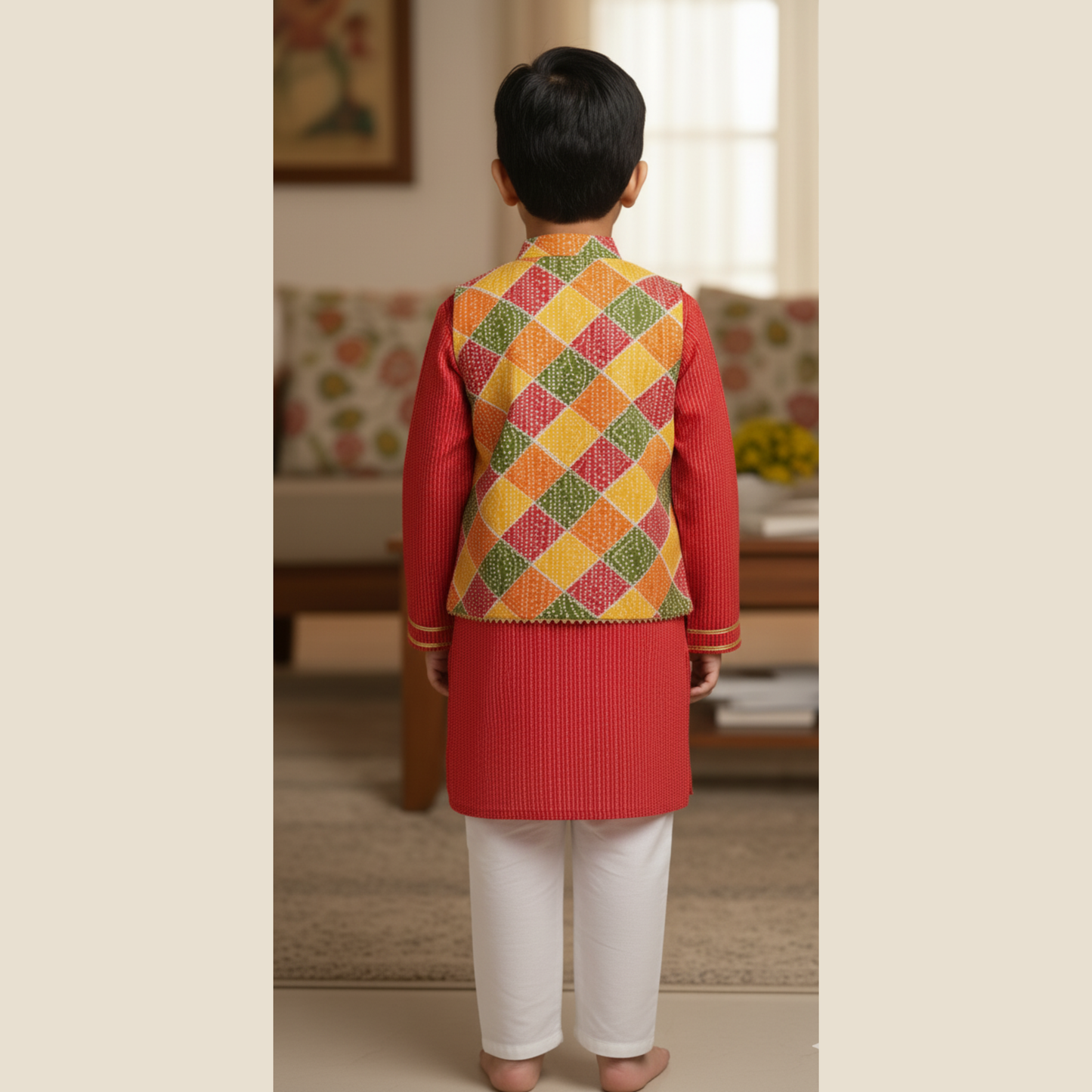 Red Diamond Kurta-Pajama-Jacket Set For Boys