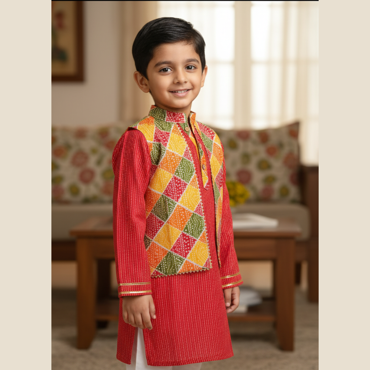Red Diamond Kurta-Pajama-Jacket Set For Boys