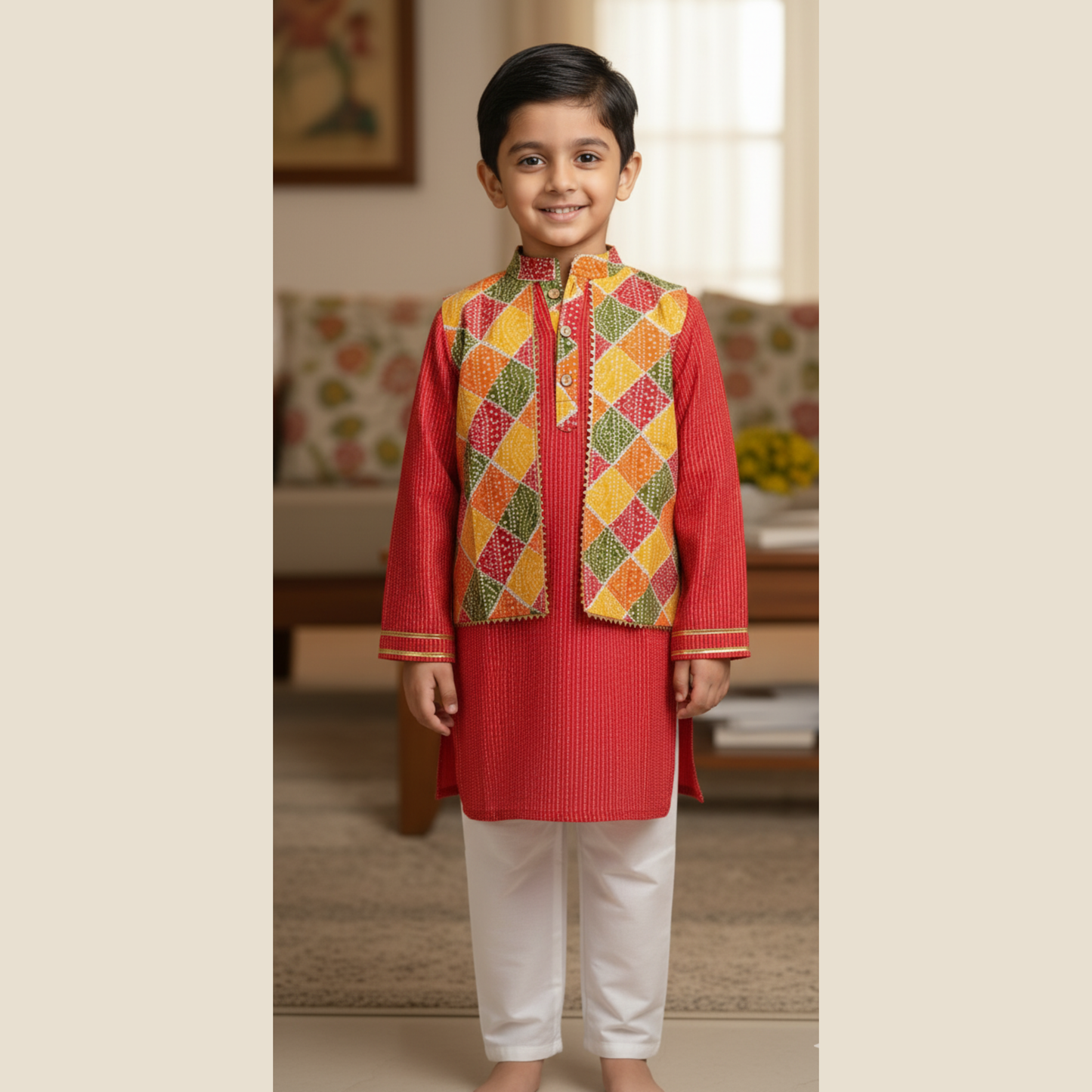 Red Diamond Kurta-Pajama-Jacket Set For Boys